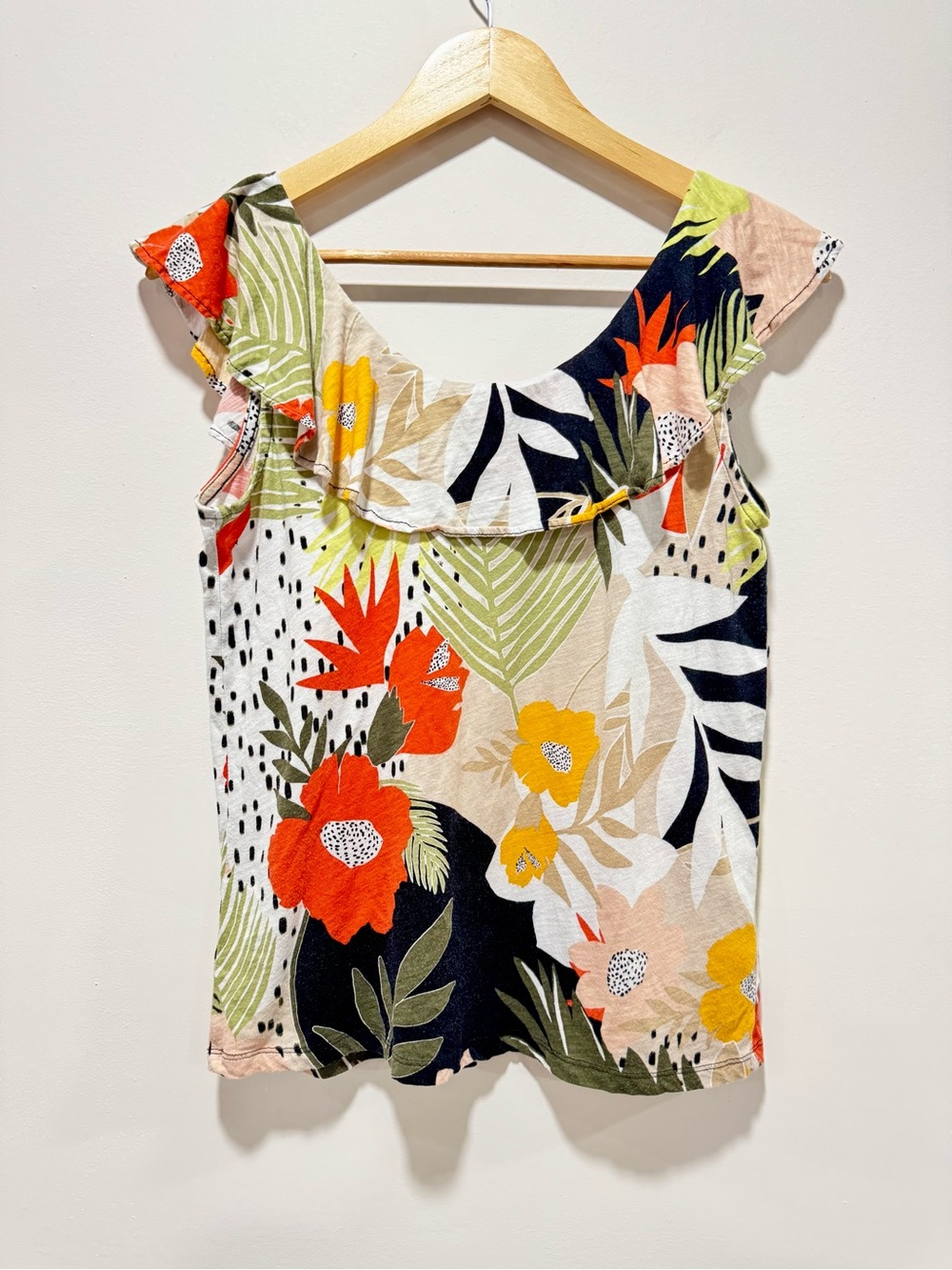 LOFT Paradise Tropical Flutter Sleeve Top Monstera Floral Cotton Size S